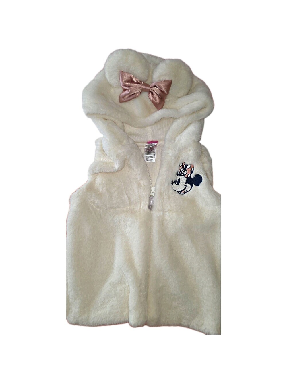Very Soft! Disney Minnie Mouse White Faux Fur Hooded Full Zip Vest Bow - 6t